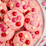 plate of Strawberry Cake Mix cookies for Valentines day