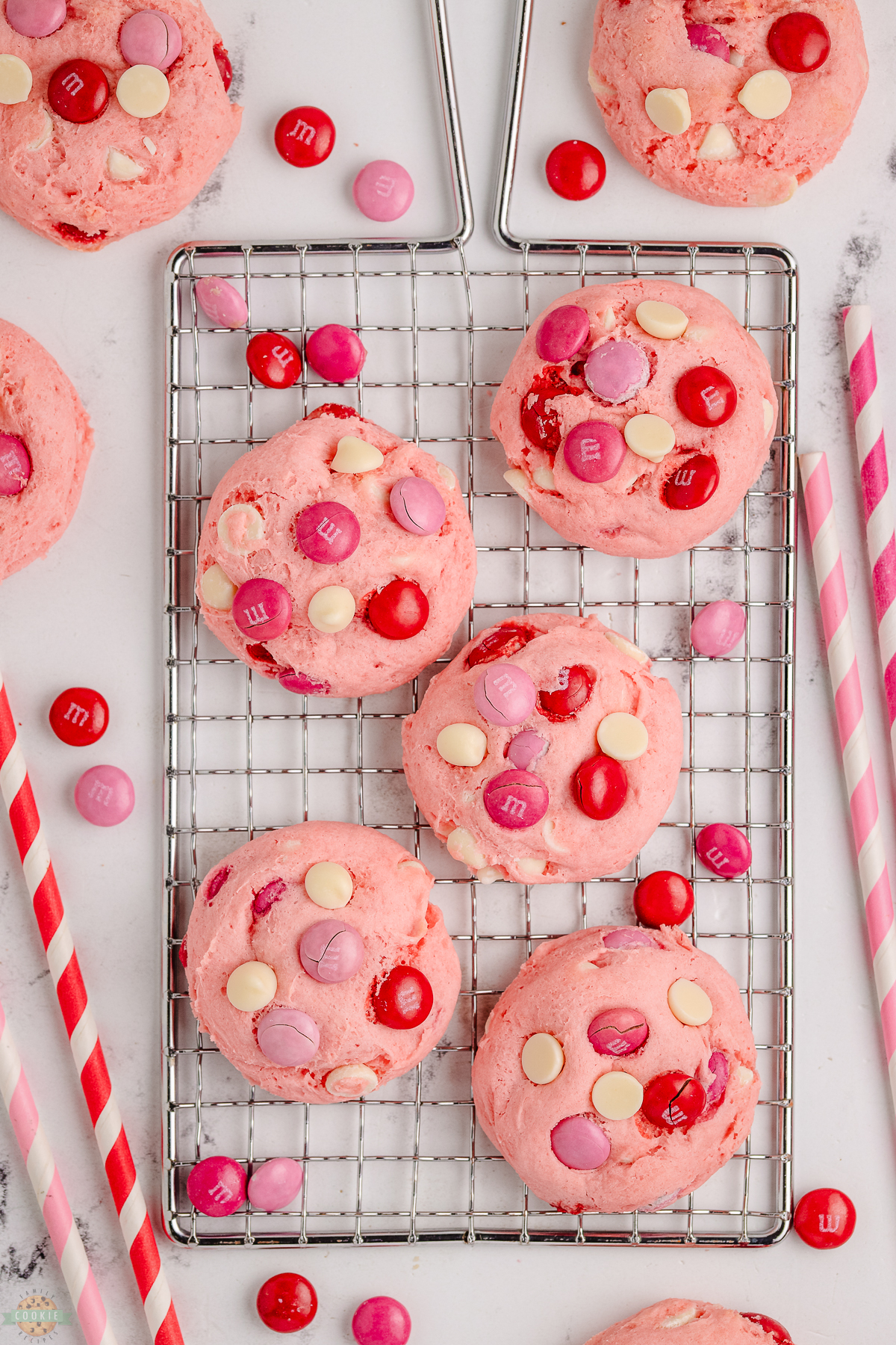 strawberry cake mix cookies on a cooling rack
