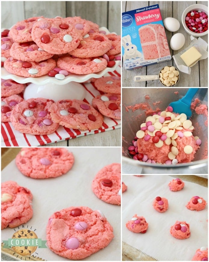 Strawberry Cake Mix Cookies are soft & sweet and made with just 4 ingredients! Super simple to make these cute, festive cake mix cookies. The strawberry flavor is just perfect.