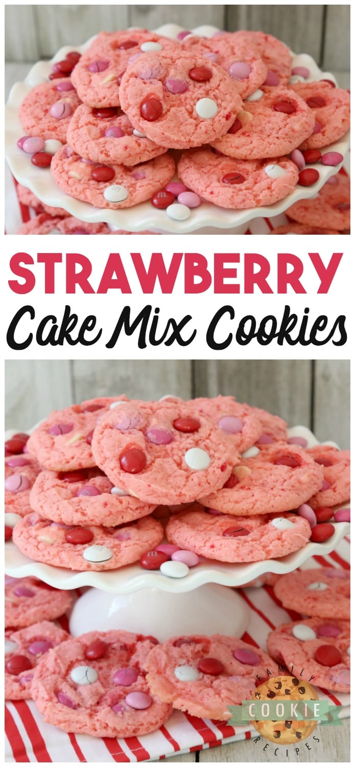 Strawberry Cake Mix Cookies are soft & sweet and made with just 4 ingredients! Super simple to make these cute, festive cake mix cookies. The strawberry flavor is just perfect. #cookies #strawberry #cakemix #recipe #baking #dessert #food