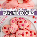 Strawberry Cake Mix Cookies made with just a cake mix, eggs, butter & pink candies for a soft, chewy cookie with fantastic flavor; perfect for Valentine's Day!
