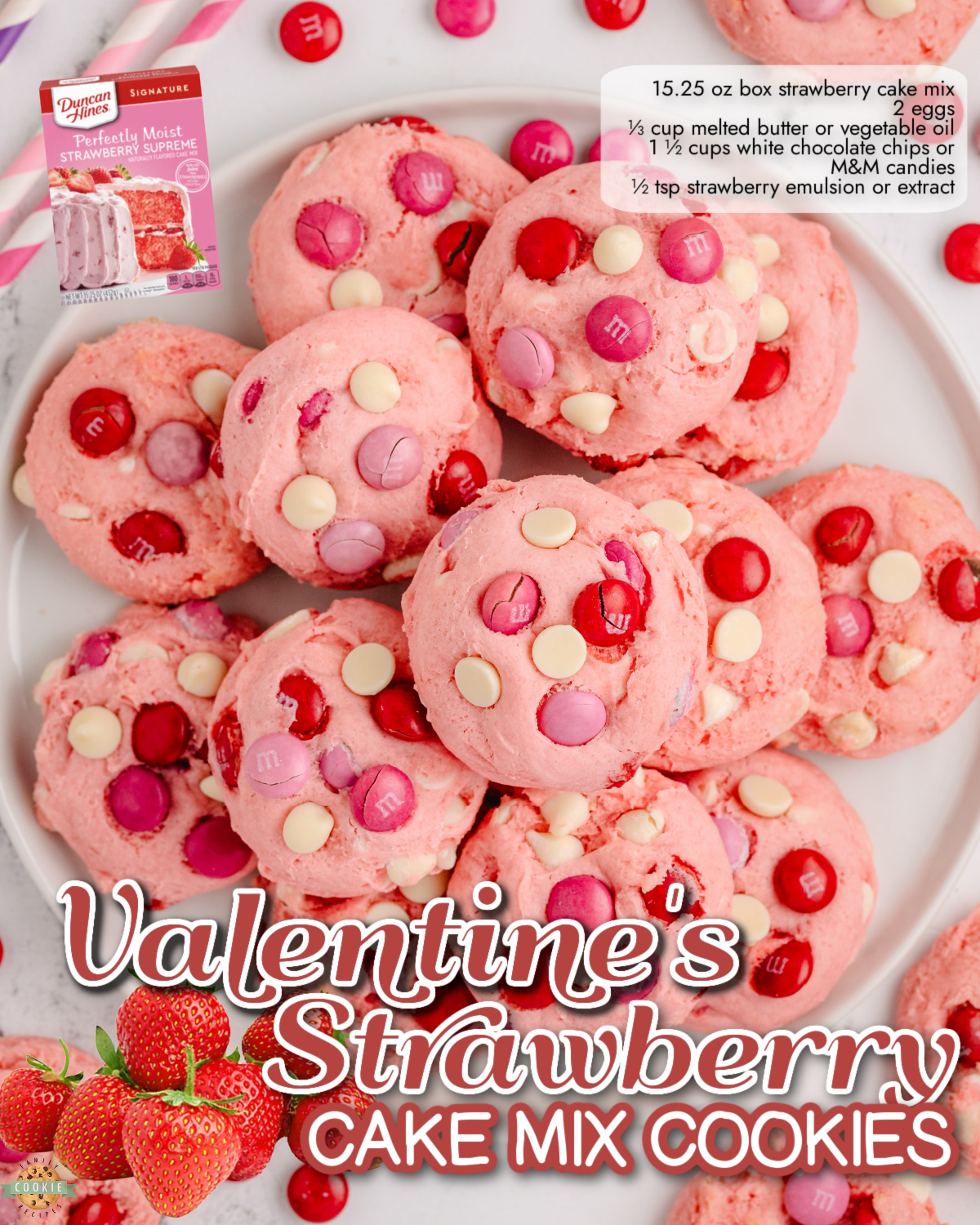 Strawberry Cake Mix Cookies made with just a cake mix, eggs, butter & pink candies for a soft, chewy cookie with fantastic flavor; perfect for Valentine's Day!