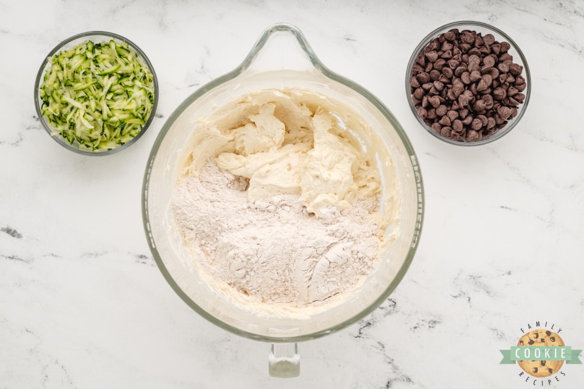 Add flour, cinnamon, baking powder, baking soda, and salt to cookie dough. 