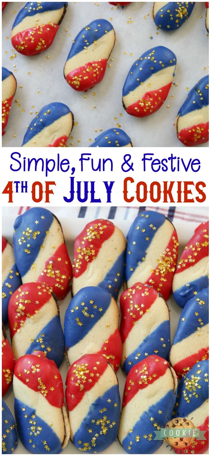 Super Simple 4th of July Cookies made with just 4 ingredients and NO BAKE! Easy red, white and blue cookies made with Milano cookies dipped in red and blue melting chocolate then sprinkled with gold stars. Made in just 15 minutes and they're perfectly patriotic! #4thofJuly #patriotic #cookies #redwhiteandblue #cookie #recipe #simple Recipe from FAMILY COOKIE RECIPES