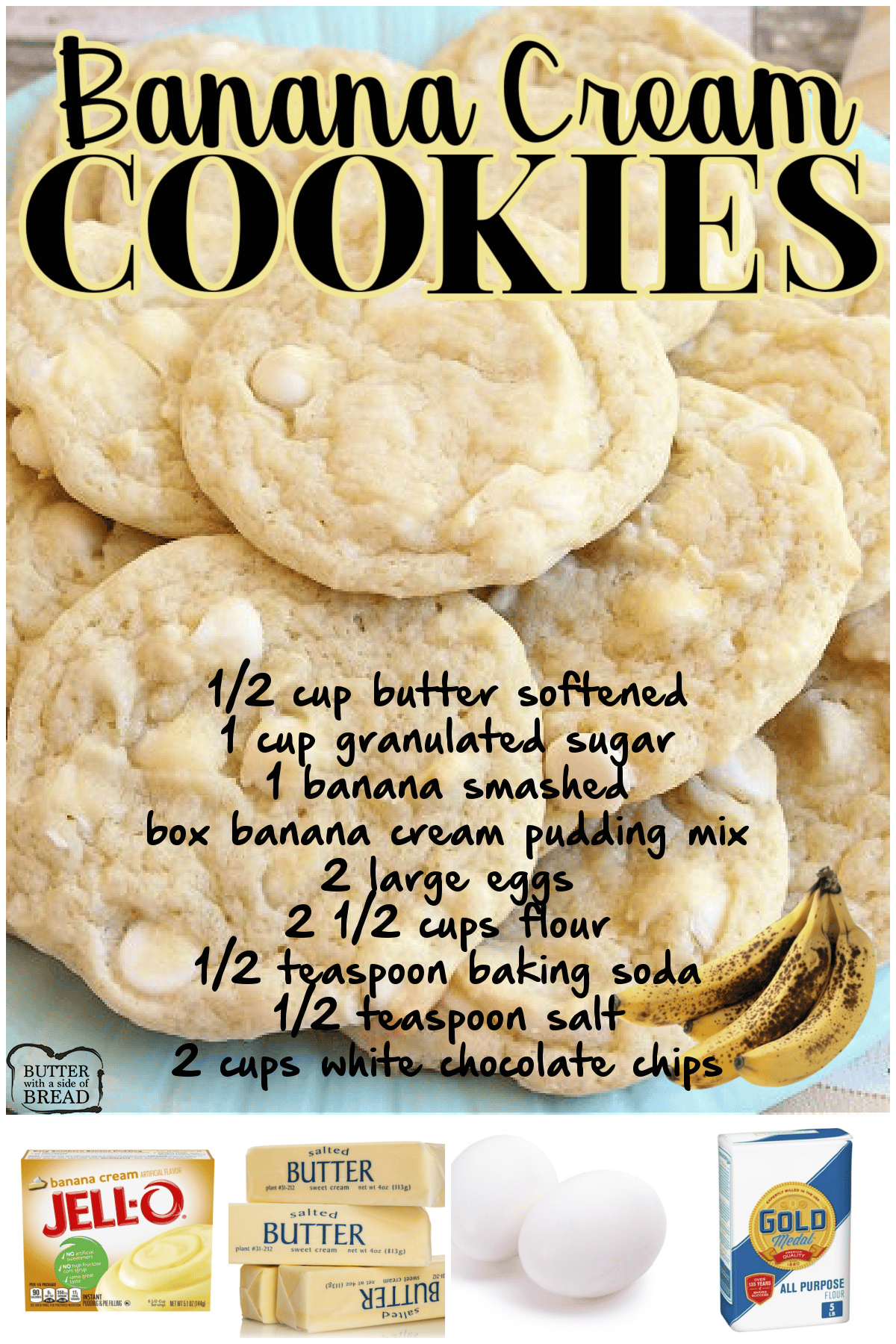 Banana Pudding Cookies made with a ripe banana for amazing pillowy soft cookies with great banana flavor! Banana cream cookies have pudding mix in them that makes them perfect!