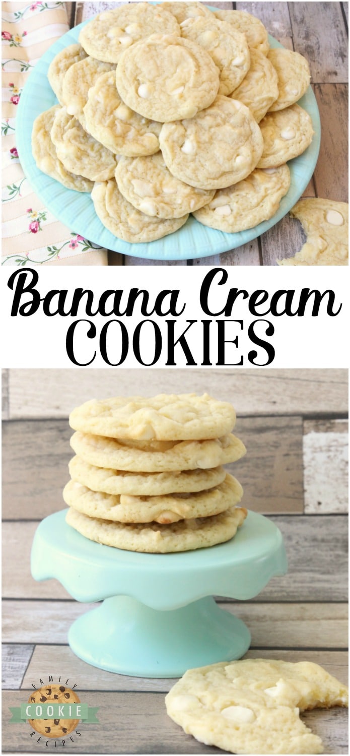 Banana Pudding Cookies are a classic banana cookie recipe with a twist! They have a great soft, chewy texture that comes from banana pudding mix as well as an entire banana in the dough. Banana cream pie lovers- you've got to try these banana cookies! #banana #cookies #baking #dessert #cookie #pudding #Recipe from FAMILY COOKIE RECIPES
