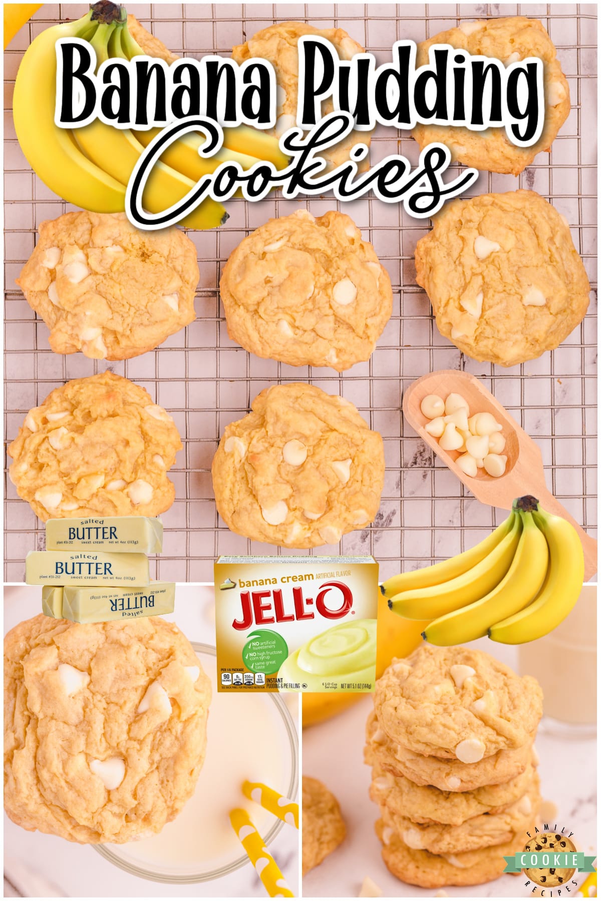 Banana Pudding Cookies made with a ripe banana for amazing pillowy soft cookies with great banana flavor! Banana cream cookies with pudding mix & white chocolate chips are delicious!