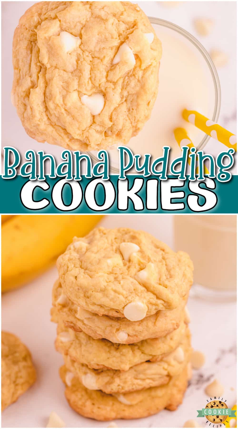 Banana Pudding Cookies made with a ripe banana for amazing pillowy soft cookies with great banana flavor! Banana cream cookies with pudding mix & white chocolate chips are delicious!