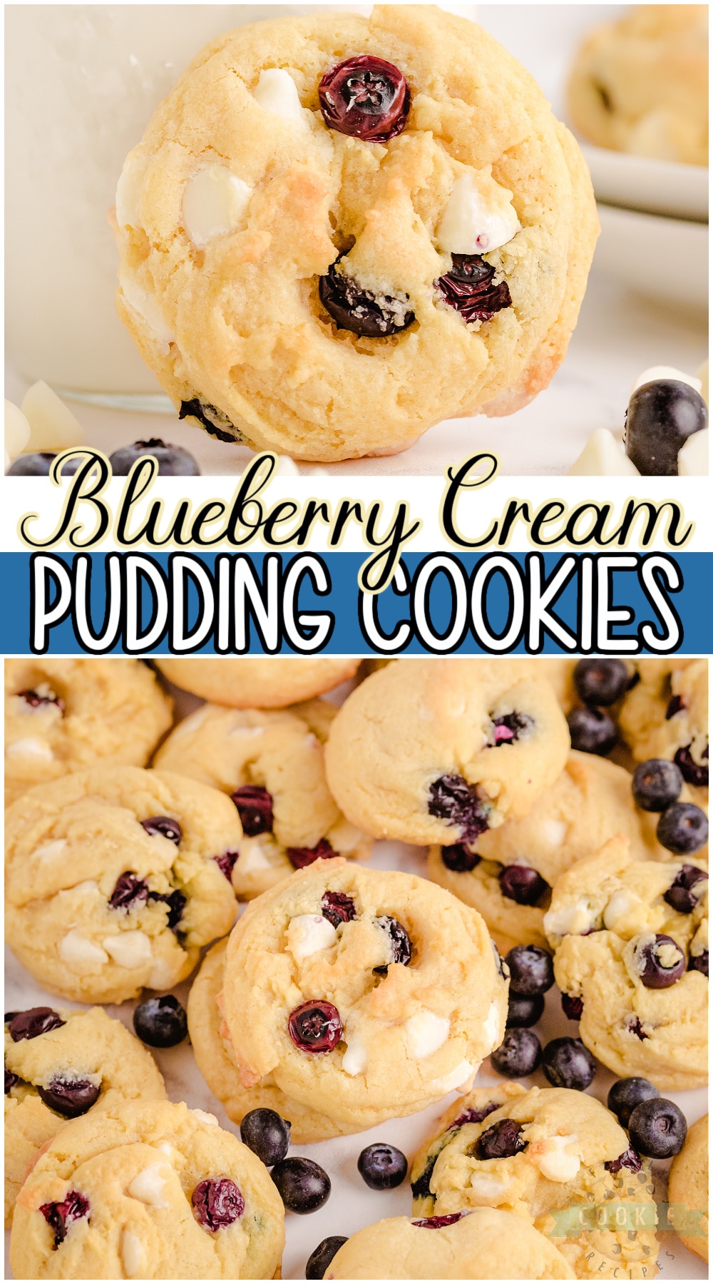 Blueberry Cream Cookies made with fresh blueberries folded into a lovely vanilla pudding cookie dough. Soft pudding cookie recipe with lovely bright, fresh flavor from fresh blueberries and white chocolate chips. #blueberry #baking #cookies #whitechocolate #berries #cookierecipe from FAMILY COOKIE RECIPES via @buttergirls