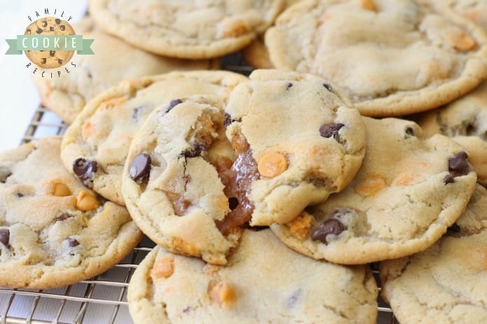 Caramel Stuffed Chocolate Chip Cookies start with our BEST EVER chocolate chip cookies, then stuffed with soft, sweet caramel & baked until golden brown. Everything you love about traditional chocolate chip cookies with soft, gooey caramel inside!Â 