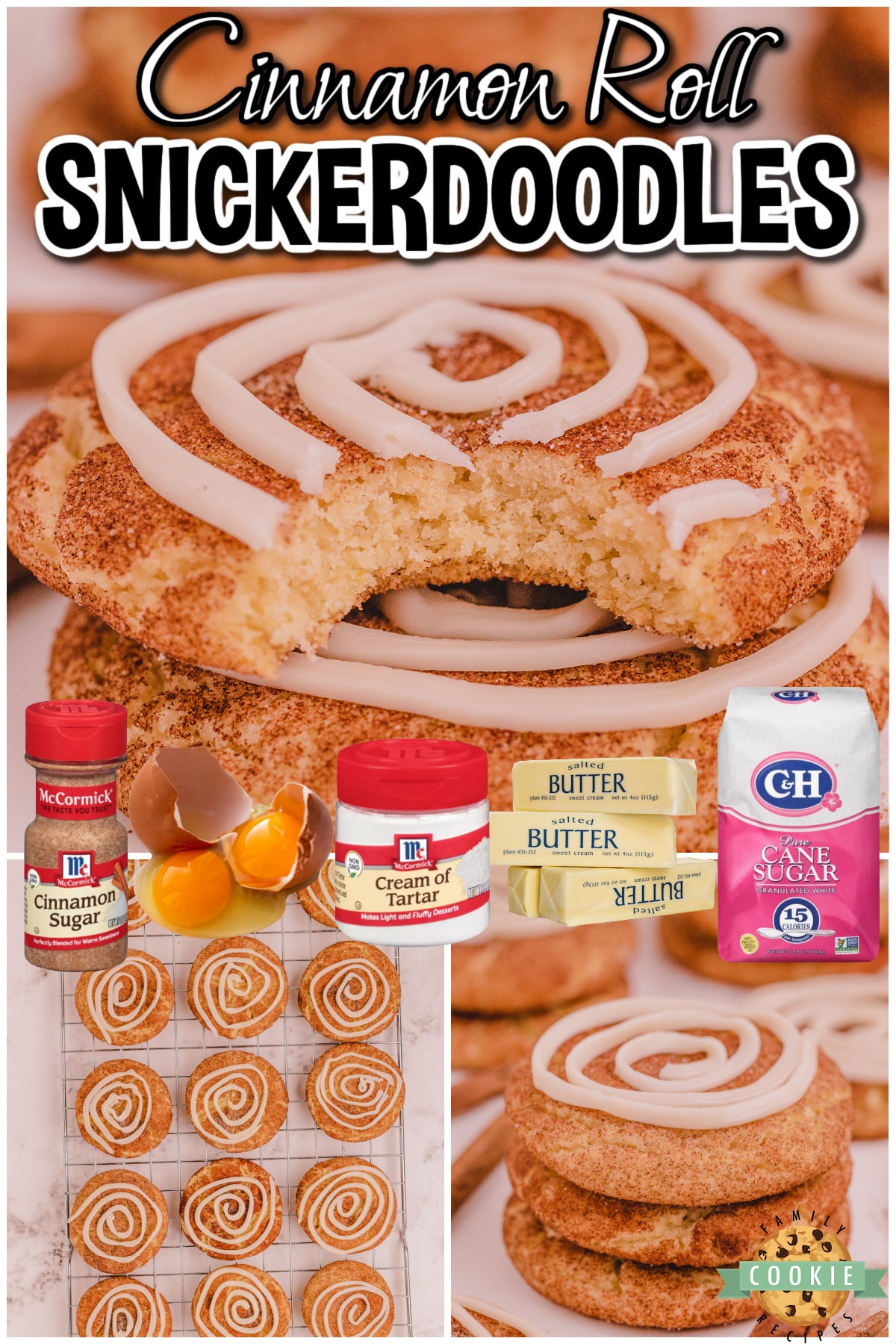 Cinnamon Roll Snickerdoodles are your favorite snickerdoodle cookies with the addition of a sweet vanilla frosting swirl on top!