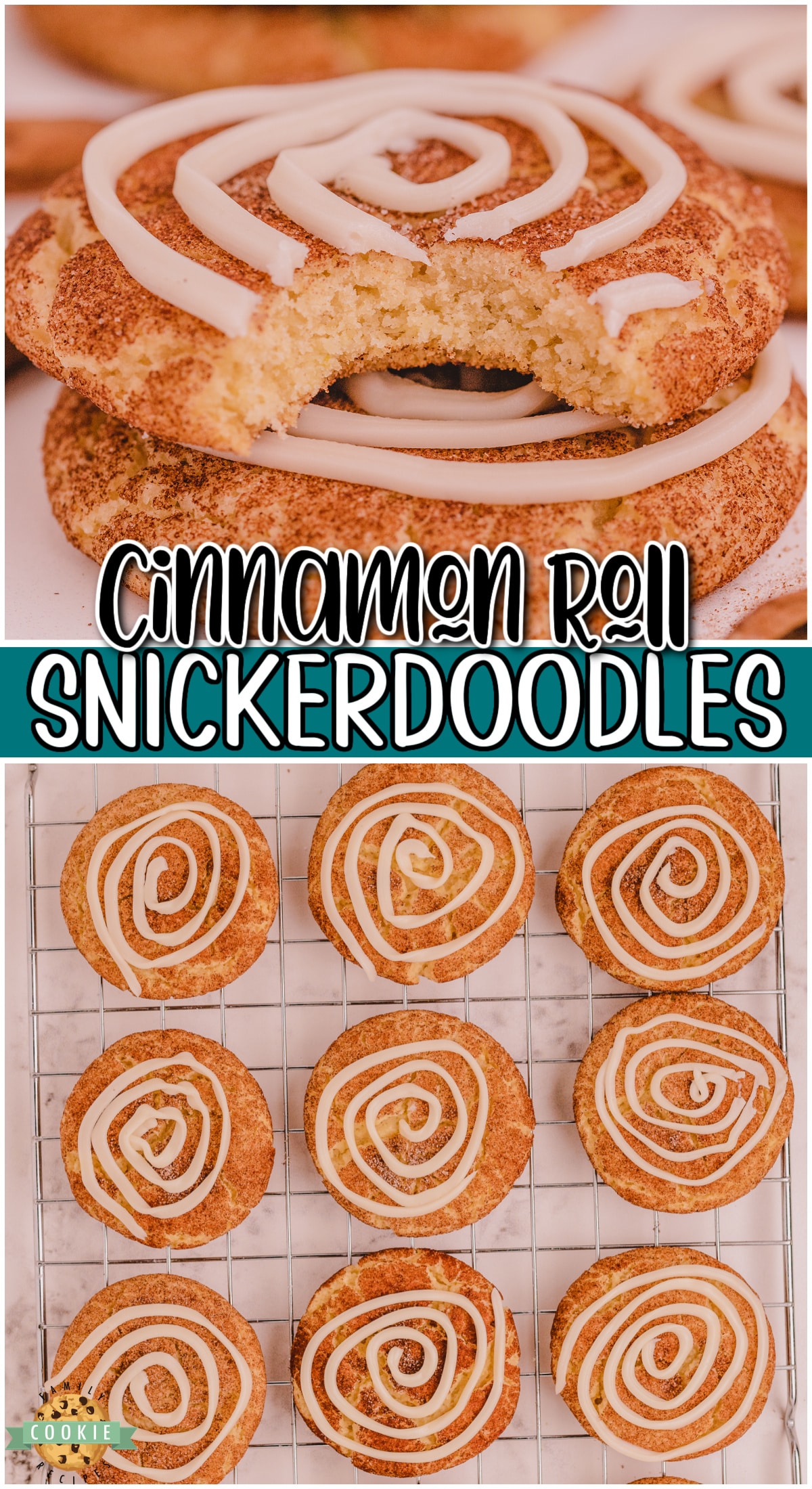 Cinnamon Roll Snickerdoodles are your favorite snickerdoodle cookies with the addition of a sweet vanilla frosting swirl on top!