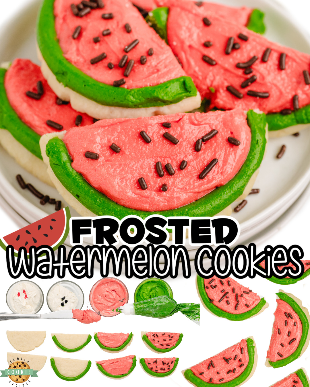 Watermelon Sugar Cookies are fun, tasty sugar cookies with pink & green buttercream frosting decorated to look like watermelon slices!