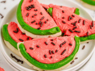 plate of frosted watermelon cookies