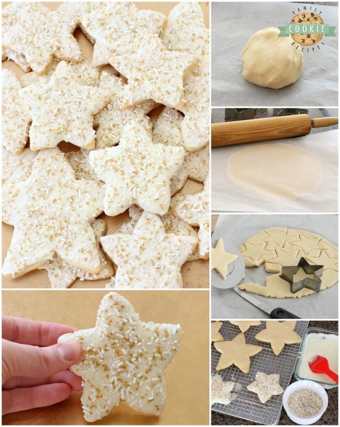 Holiday Star Cookies are bright, buttery & sparkly. They're perfect for the holidays! Candy coated & sprinkled to holiday perfection, everyone loves these melt-in-your mouth vanilla shortbread cookies.