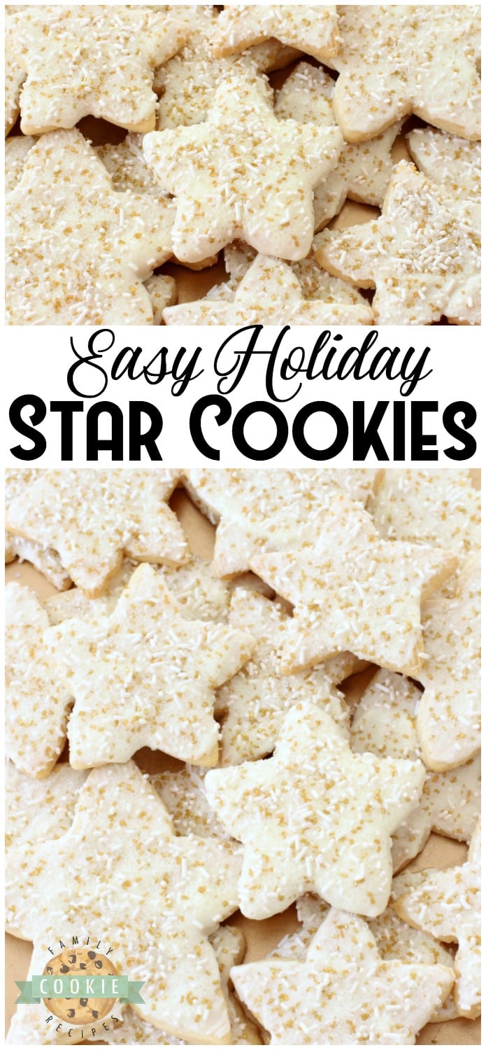 Holiday Star Cookies are bright, buttery & sparkly. They're perfect for the holidays! Candy coated & sprinkled to holiday perfection, everyone loves these melt-in-your mouth vanilla shortbread cookies. #cookies #shortbread #star #cookie #recipe #holidays #Christmas from FAMILY COOKIE RECIPES