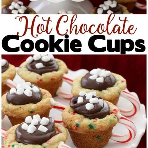 Hot Chocolate Cookie Cups are festive Christmas cookies! Sugar cookie cups filled with fudge, mini marshmallows & sprinkles. Love the candy cane handle! Hot Chocolate Cookie Cups are sugar cookies perfect for the holidays.  #Christmas #cookies #hotchocolate #fudge #sprinkles #holidays #baking #recipe from FAMILY COOKIE RECIPES