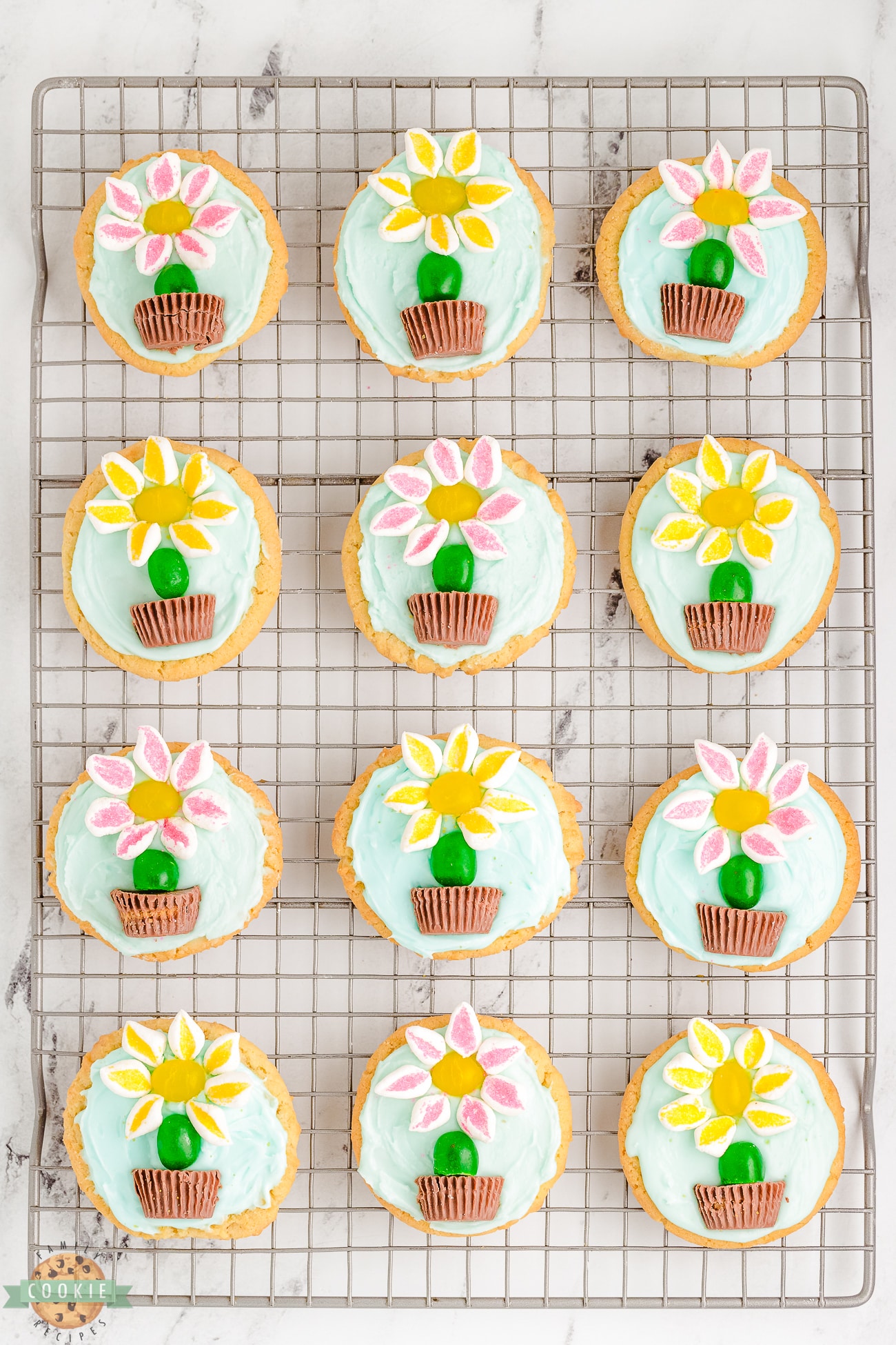 marshmallow flower cookies on a cooling rack