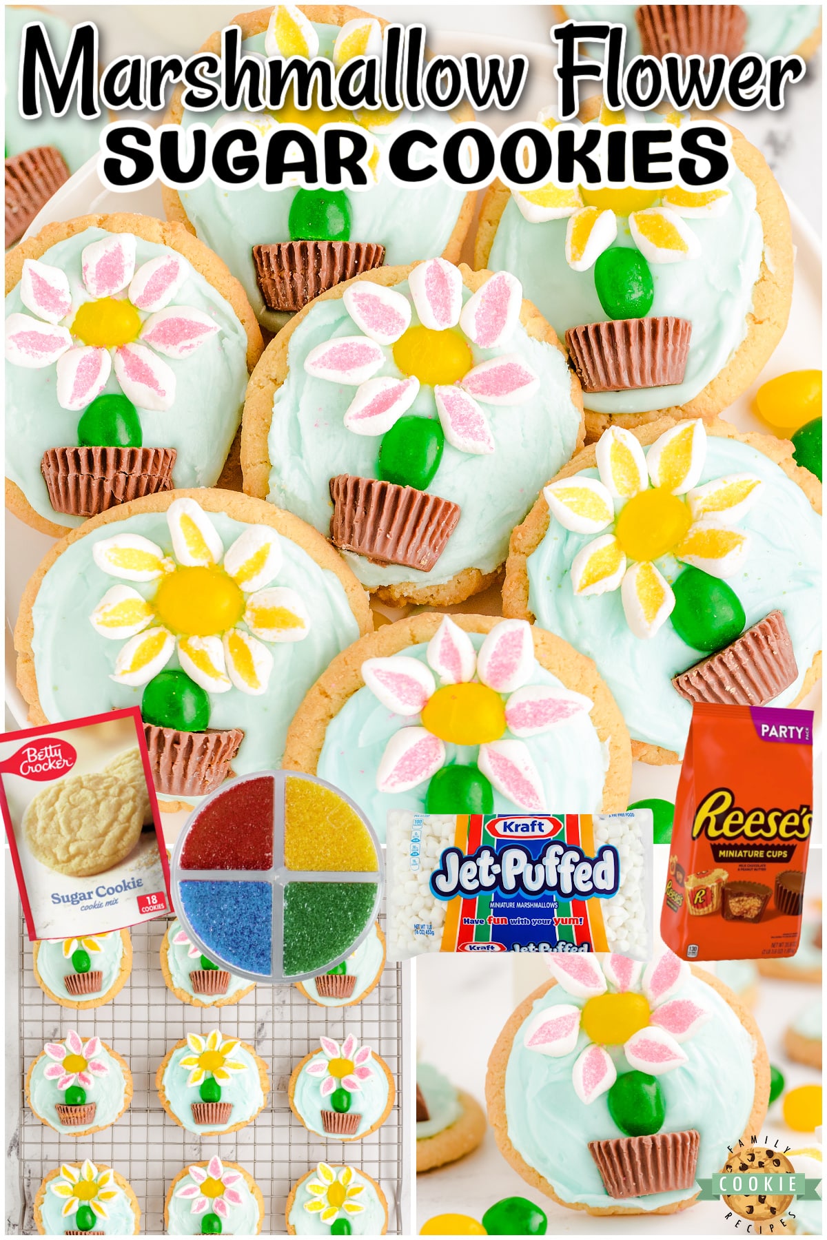 Marshmallow Flower Cookies are easy to make and perfect for Spring baking! Cute flower sugar cookies topped with marshmallow flowers, a jelly bean stem, in a peanut butter chocolate pot.