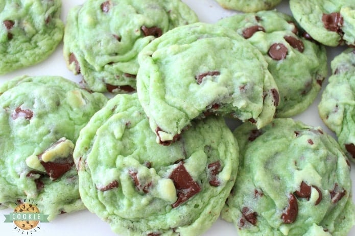Mint Chocolate Chip Cookies made by adding mint extract & chocolate chips to a delicious pudding cookie dough. This chocolate chip cookie recipe is perfect for those who love mint chip ice cream. Our Mint Chocolate Chip Cookies are great for holiday baking!