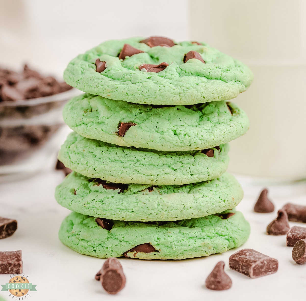 stack of mint chocolate chip cookies