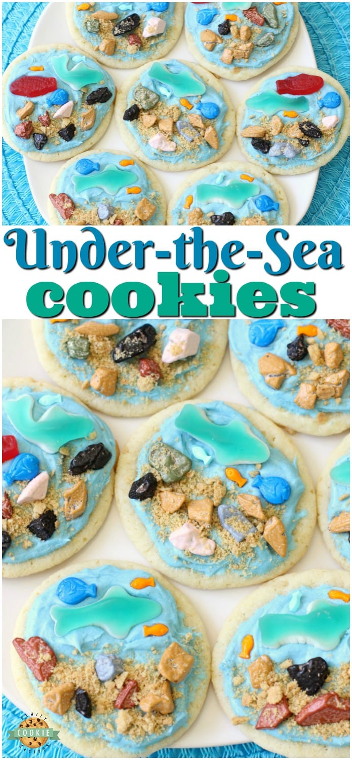 Under the Sea Cookies are soft sugar cookies topped with a fun ocean scene complete with gummy fish & sharks, chocolate rocks and a brown sugar ocean floor! Perfect for celebrating summer at the sea!  #cookies #underthesea #oceanlife #sharks #fish #cookie #recipe from FAMILY COOKIE RECIPES