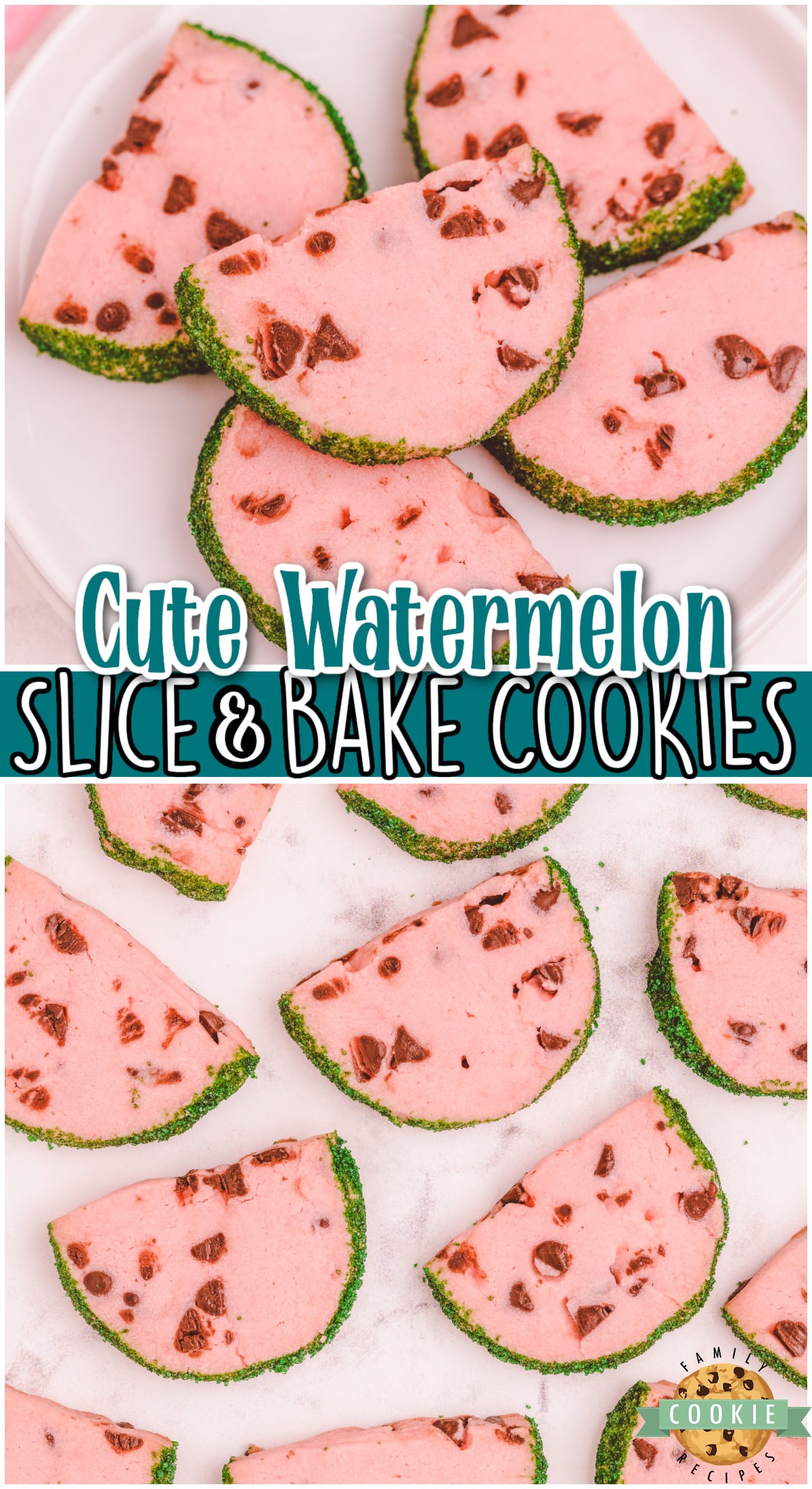 Watermelon Slice and Bake Cookies are a tender summer butter cookie that's made to look like slices of watermelon, complete with a green sprinkle rind and mini chocolate chip seeds!