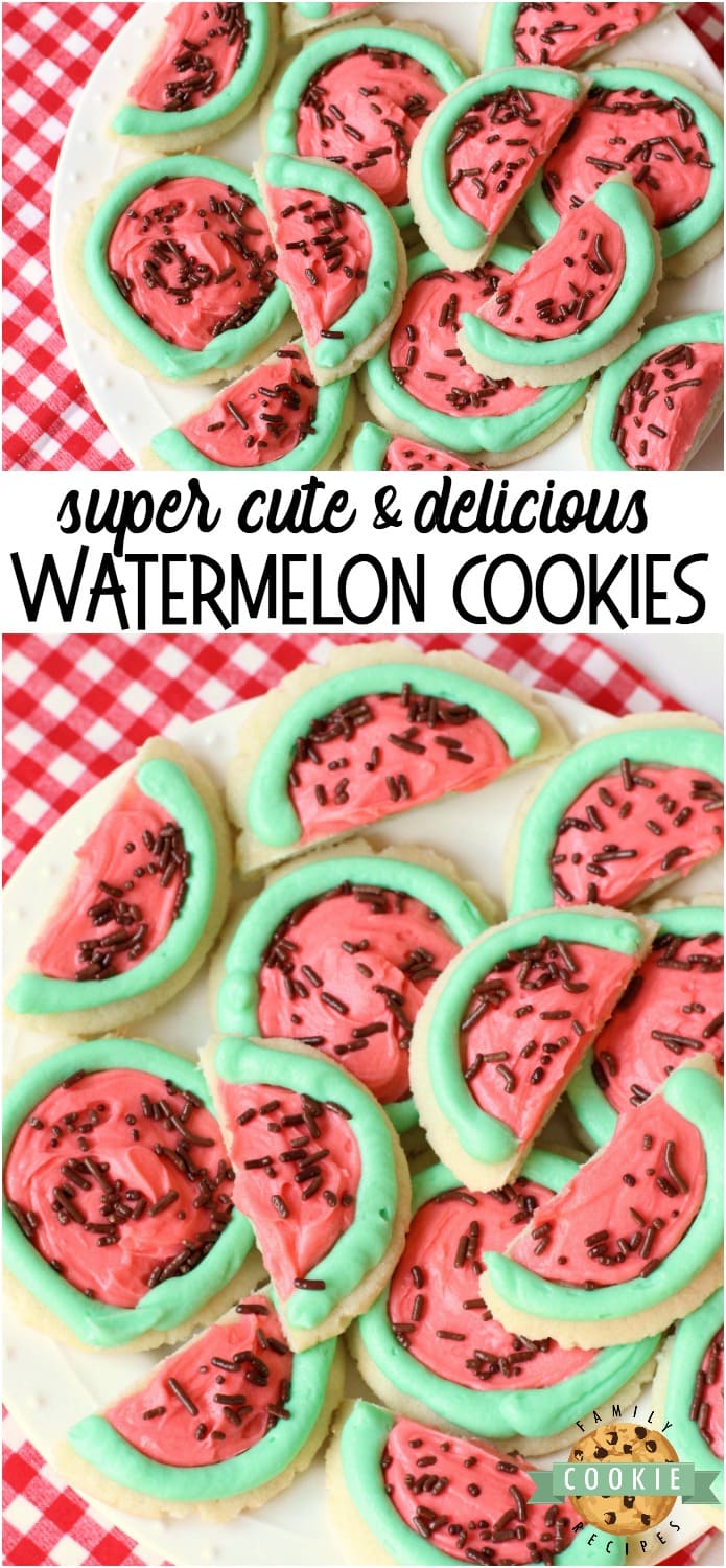 Watermelon Sugar Cookies made easy with sugar cookies, my favorite buttercream frosting and chocolate sprinkles. Perfect for summertime picnics when you can't get enough of watermelon in any form! #watermelon #cookies #sugarcookies #frosting #summer #recipe from FAMILY COOKIE RECIPES