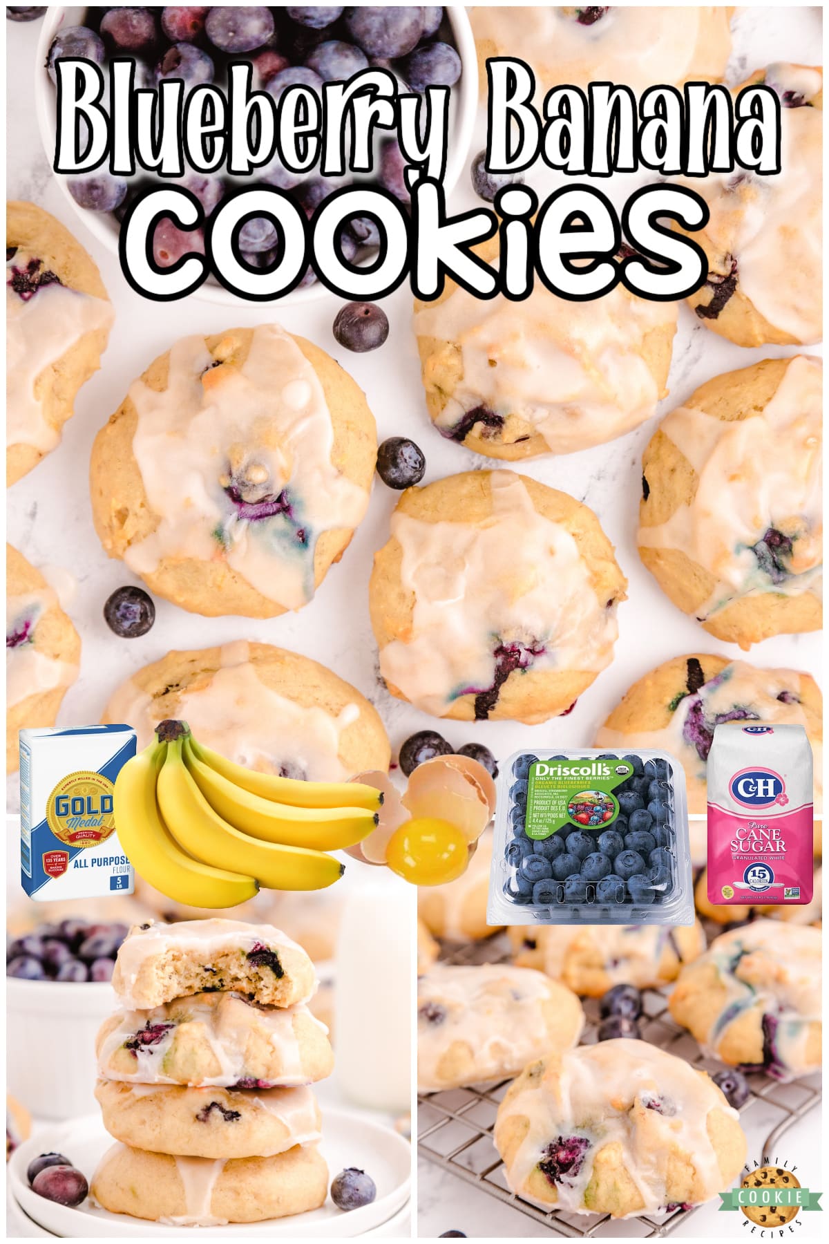 Blueberry Banana Cookies are like blueberry muffin tops but in cookie form! Great flavor from the blueberries & bananas, with a wonderful melt-in-your-mouth texture. Everyone goes crazy over these iced banana cookies!