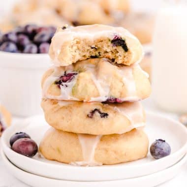 stack of blueberry banana cookies on a plate