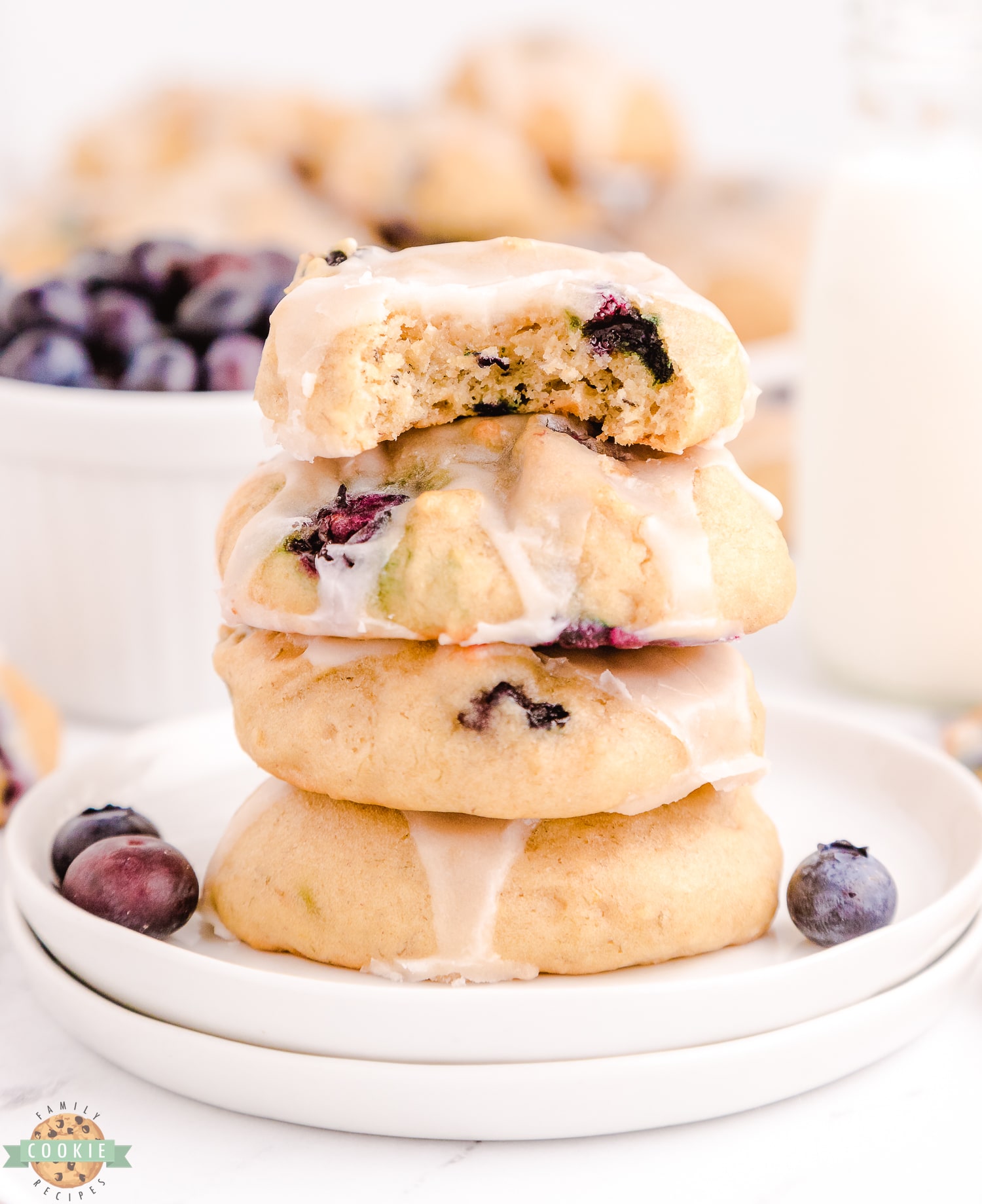 stack of blueberry banana cookies on a plate