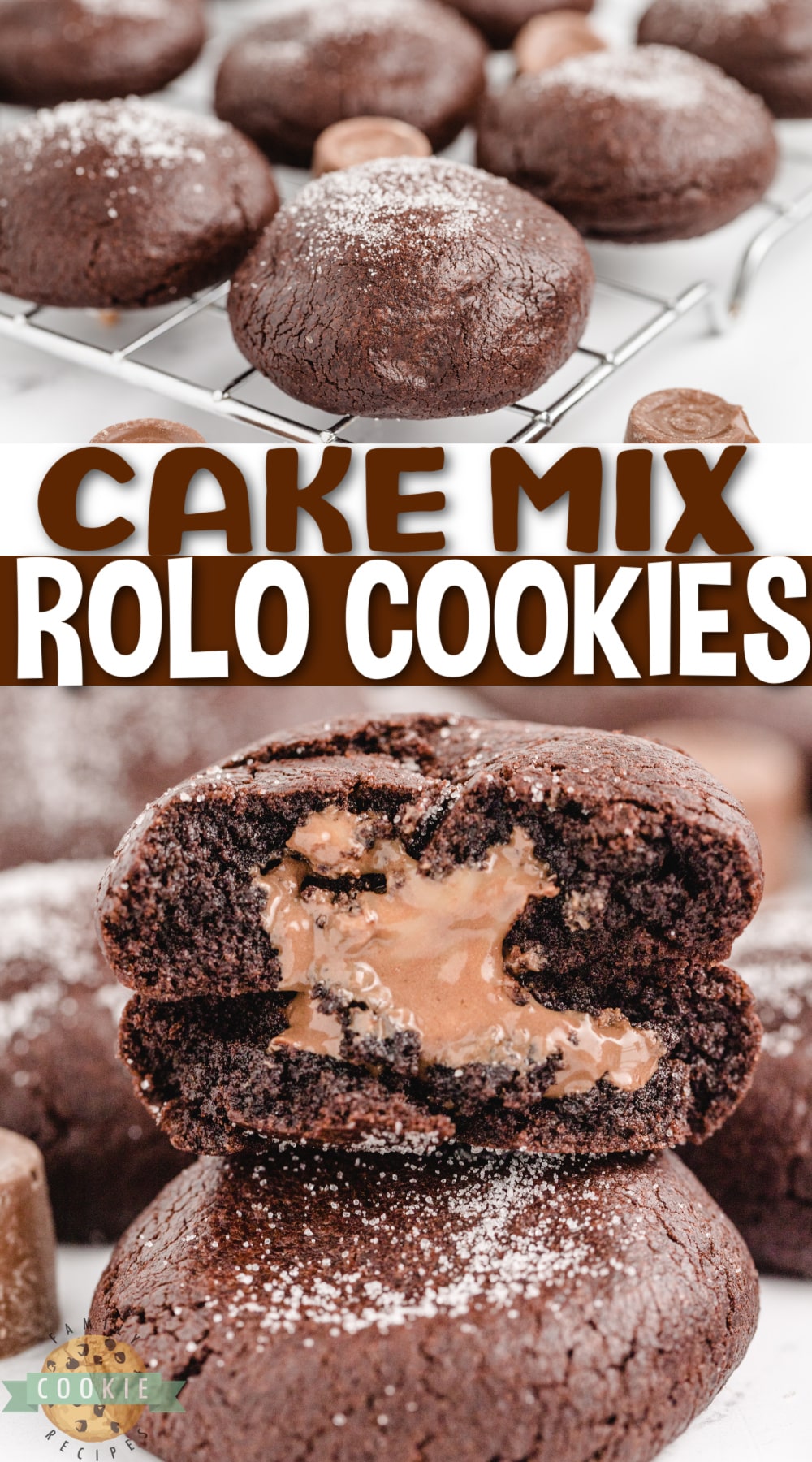 Cake Mix Rolo Cookies are made with only 4 ingredients - one of which is the Rolo tucked in the middle! These cookies are so easy to make, and they are absolutely delicious with the gooey caramel centers.