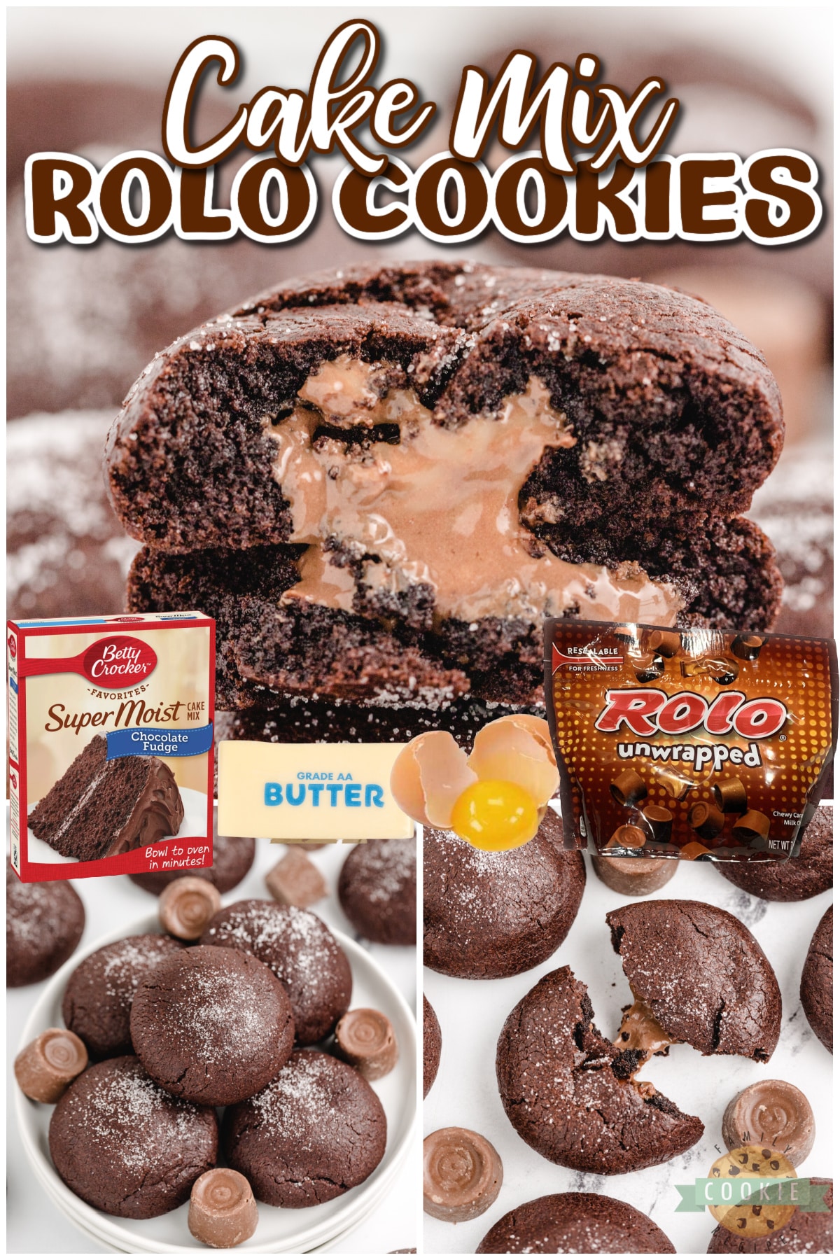 Cake Mix Rolo Cookies are made with only 4 ingredients - one of which is the Rolo tucked in the middle! These cookies are so easy to make, and they are absolutely delicious with the gooey caramel centers.