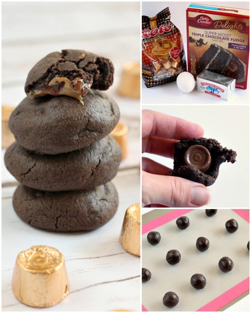 Step-by-step photos and instructions on how to make Chocolate Caramel Cake Mix Cookies - only 4 ingredients needed!