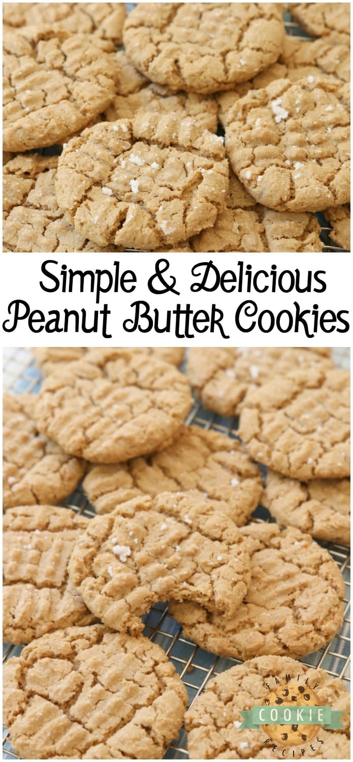 Easy Peanut Butter Cookies made with just a handful of ingredients and no flour! Easy peanut butter cookie recipe made with peanut butter, brown sugar, an egg and baking soda. #peanutbutter #cookies #recipe #cookie #baking #desserts from FAMILY COOKIE RECIPES