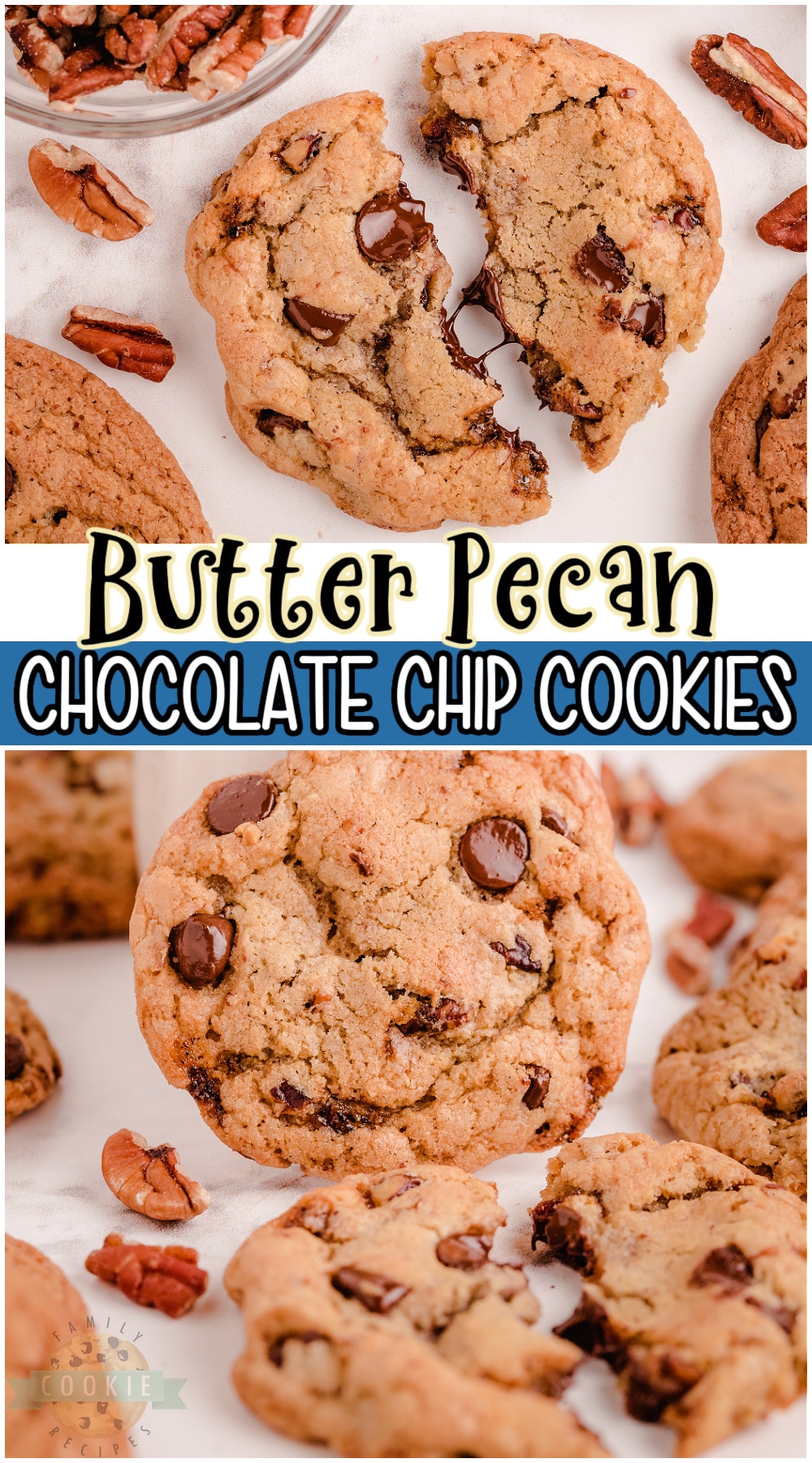 Butter Pecan Chocolate Chip Cookies are a twist on a traditional chocolate chip cookie recipe! Classic ingredients with the indulgent addition of toasted brown sugar butter pecans! 