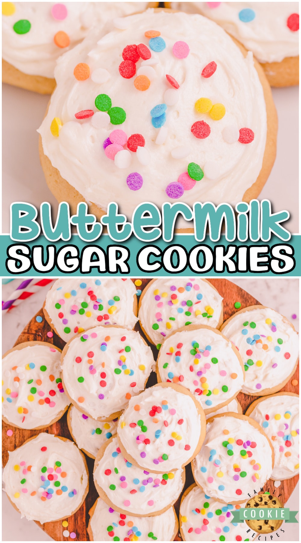 Buttermilk Sugar Cookies are soft, pillowy cookies with a fantastic vanilla buttercream. This sugar cookie with buttermilk recipe is a tried & true family favorite you'll want to keep! via @buttergirls