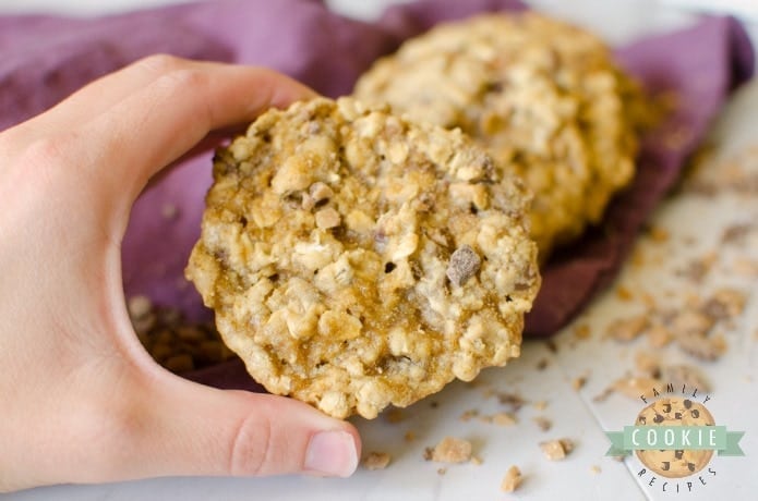 Toffee Oatmeal Cookies are a variation on a classic oatmeal cookie recipe. Maple extract and buttery toffee add delicious flavor to an already amazing cookie!