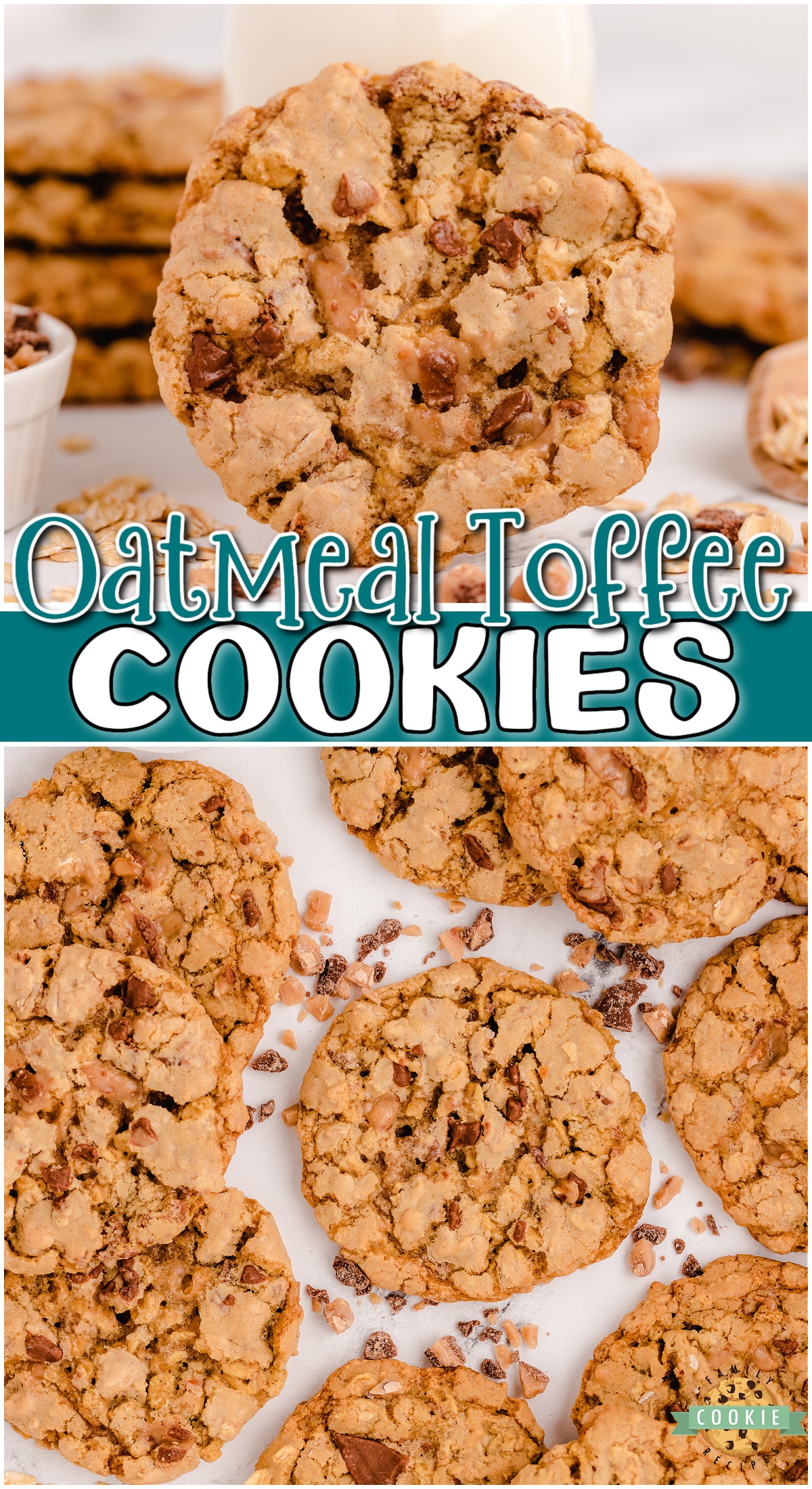 Toffee Oatmeal Cookies are a variation on a classic oatmeal cookie recipe, but with a toffee twist! The maple extract and crunchy buttery bits add delicious flavor to this amazing toffee cookie recipe.