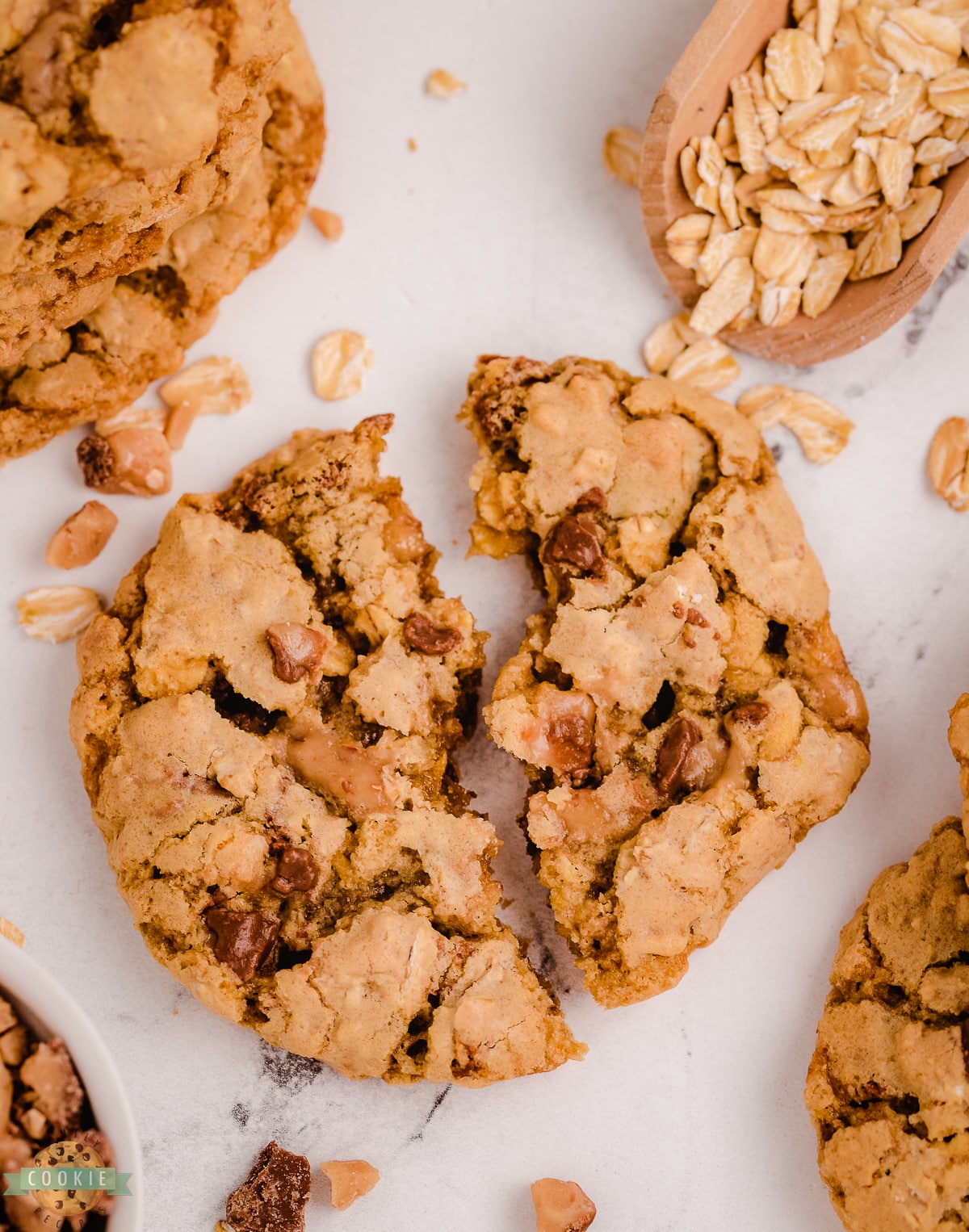 oatmeal toffee cookie broken in half