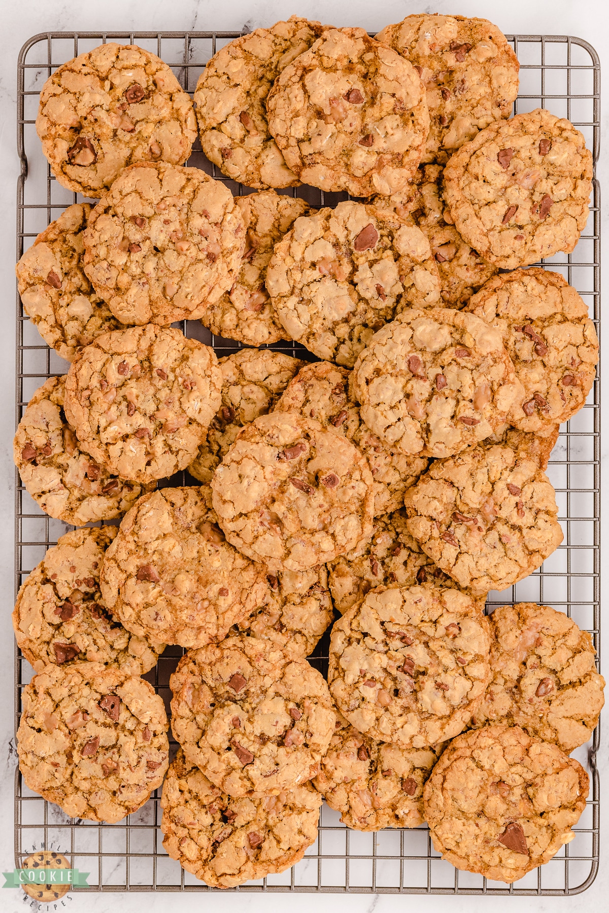 oatmeal toffee cookies on a cooling rack