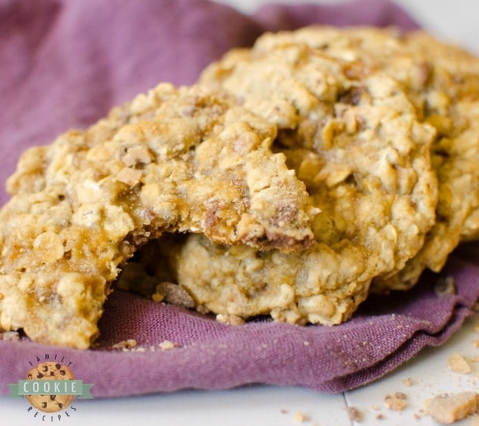Toffee Oatmeal Cookies are a variation on a classic oatmeal cookie recipe. Maple extract and buttery toffee add delicious flavor to an already amazing cookie!