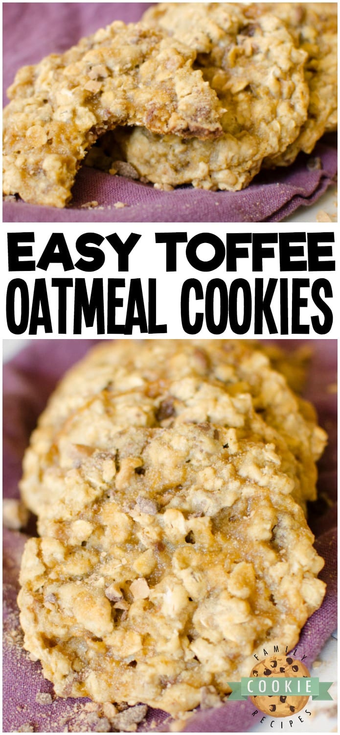 Toffee Oatmeal Cookies are a variation on a classic oatmeal cookie recipe. Maple extract and buttery toffee add delicious flavor to an already amazing cookie! via @buttergirls
