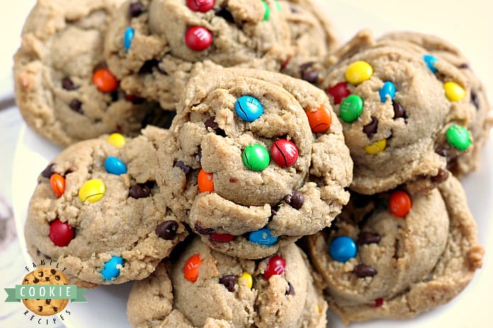 Monster Cookies are made with peanut butter, chocolate chips, M&Ms and oatmeal! All of your favorite cookie flavors combined in one delicious cookie!Â 