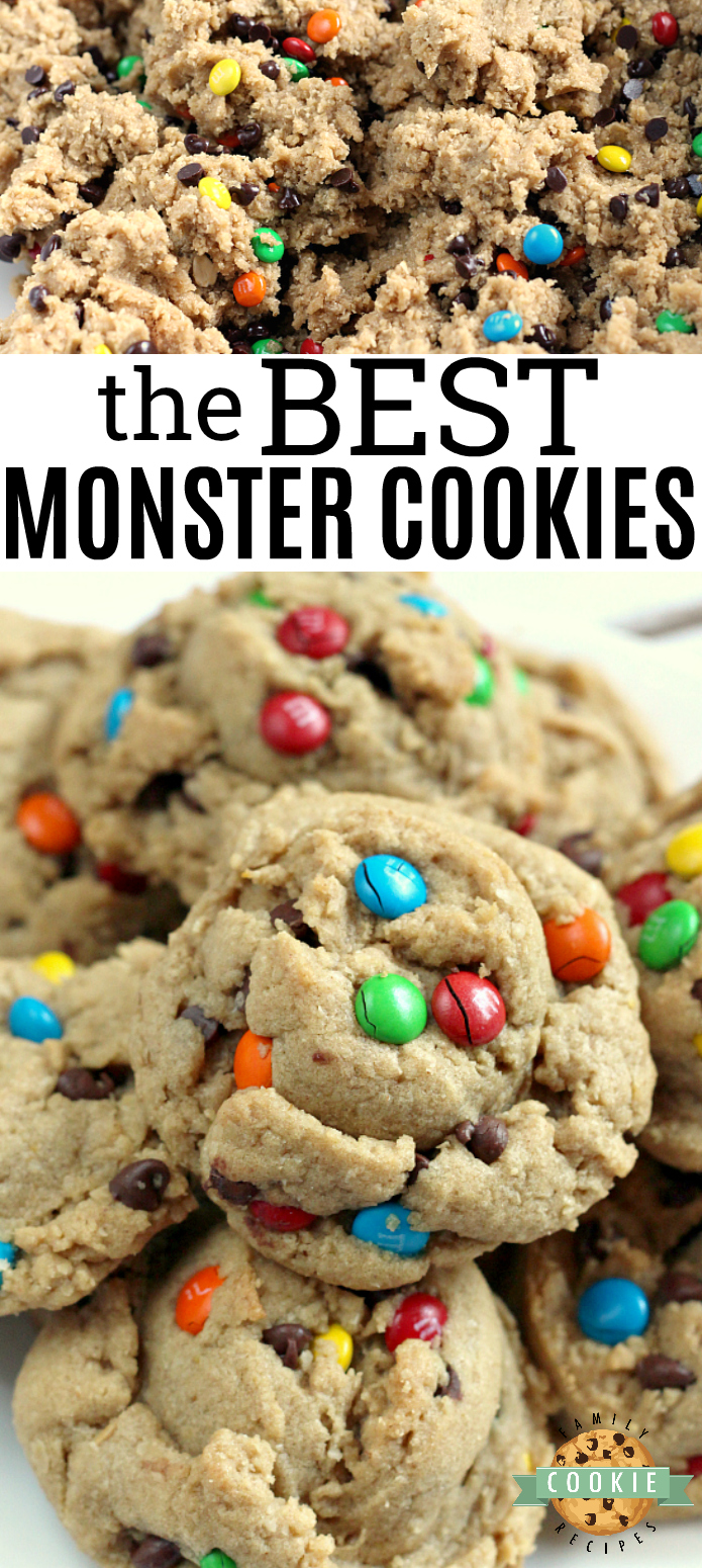 Monster Cookies are made with peanut butter, chocolate chips, M&Ms and oatmeal! All of your favorite cookie flavors combined in one delicious cookie! 