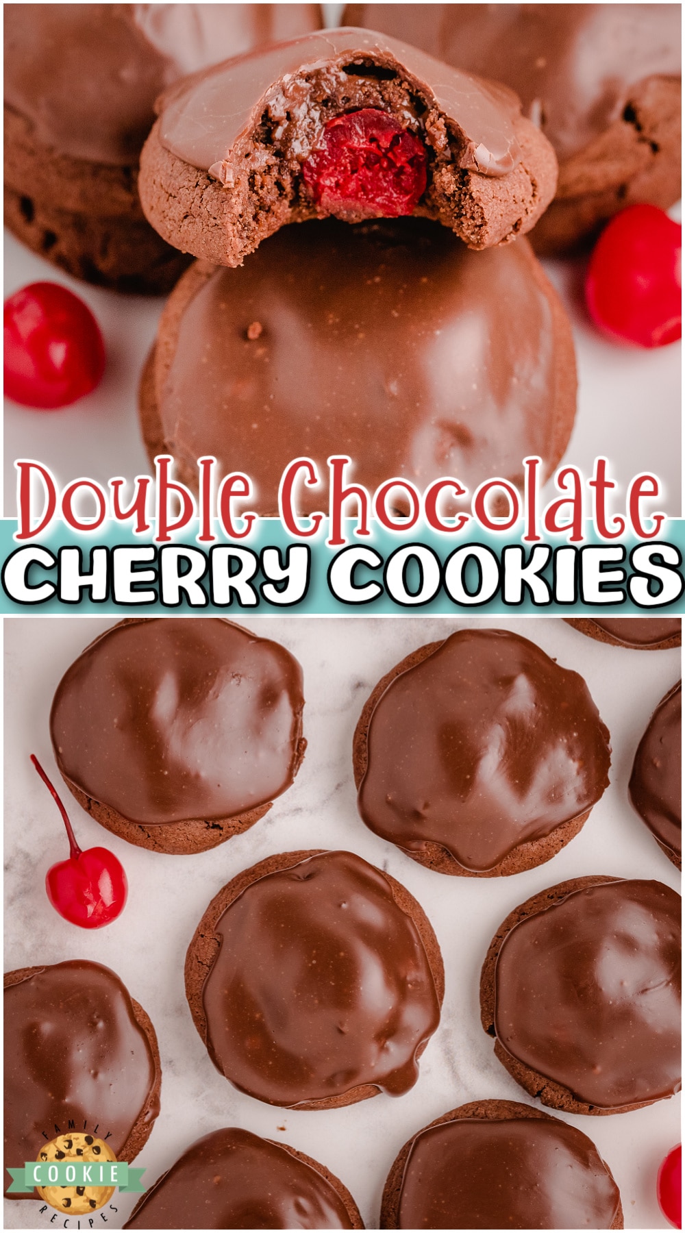 Double Chocolate Cherry Cookies are rich & chocolatey, with a cherry in middle and a delicious fudge topping on top!