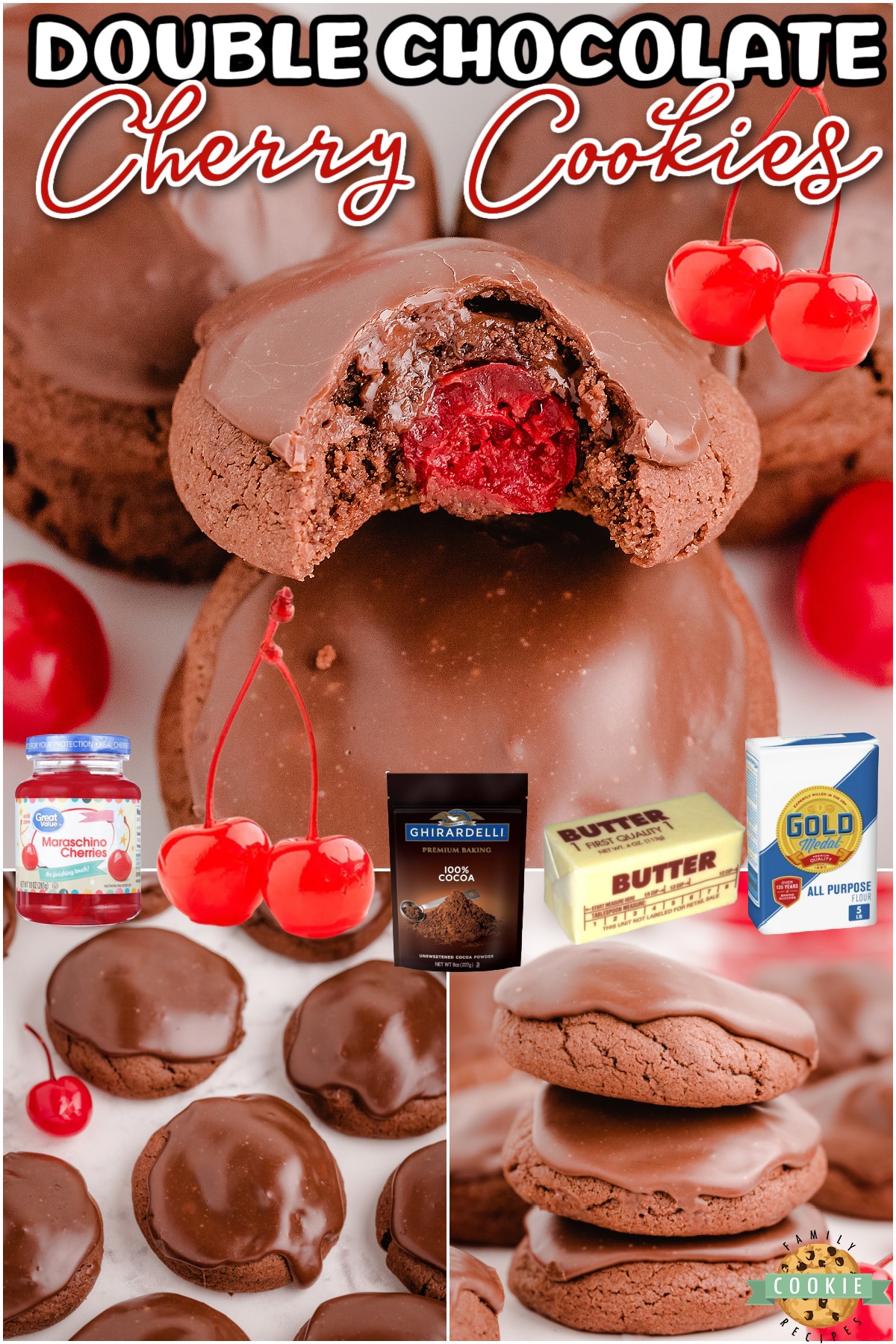 Double Chocolate Cherry Cookies are rich & chocolatey, with a cherry in middle and a delicious fudge topping on top!