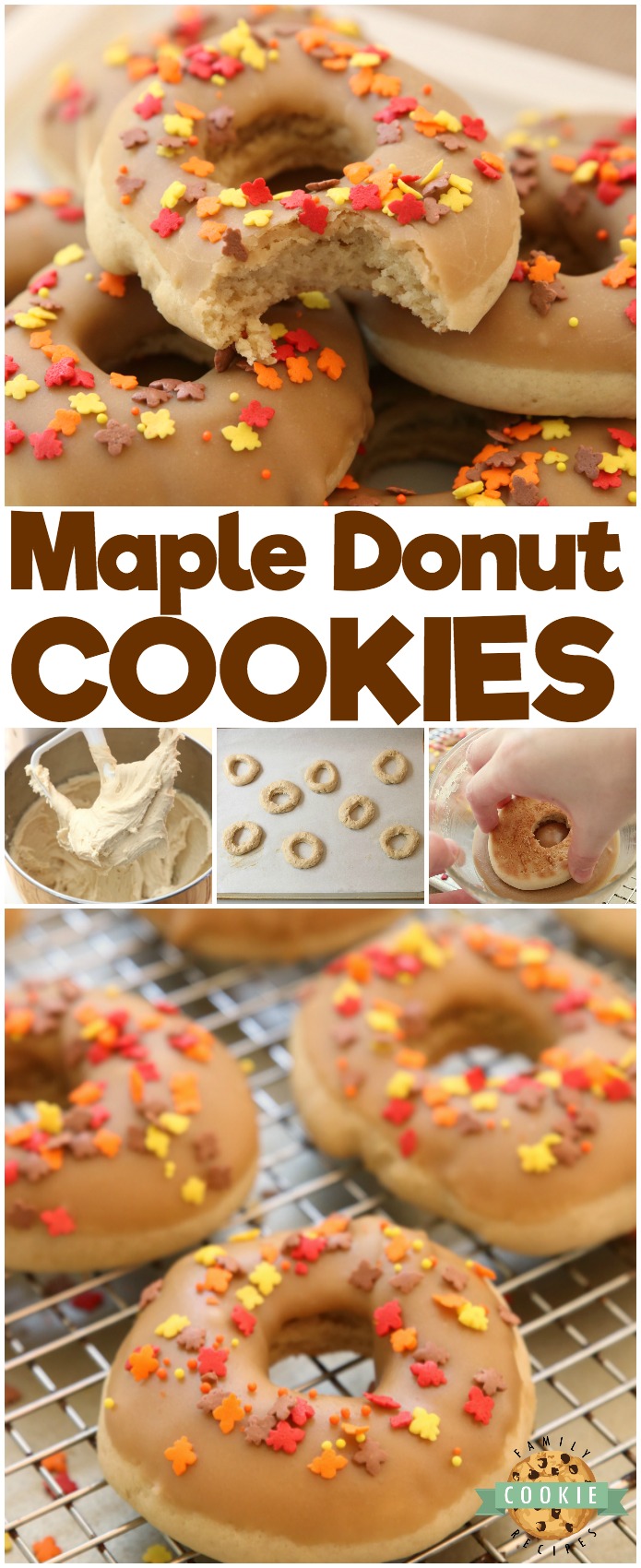 Maple Donut Cookies are soft & pillowy donut-shaped cookies with a lovely maple glaze topping. Everything you love about maple donuts, only in cookie form! #maple #donut #cookies #baking #Fall #frosting #sprinkles #recipe from FAMILY COOKIE RECIPES 