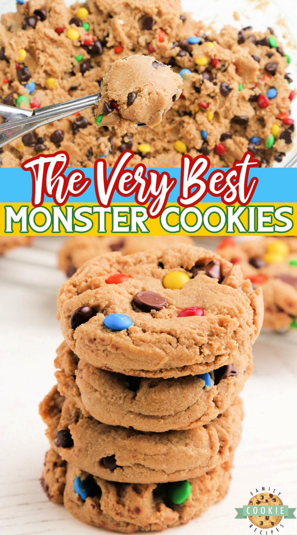 The Best Monster Cookies are made with peanut butter, chocolate chips, M&Ms and oatmeal! All of your favorite cookie flavors combined in one delicious cookie!