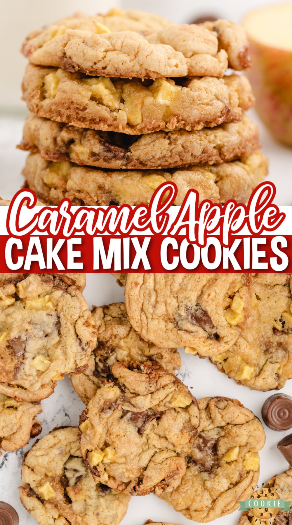 Caramel Apple Cake Mix Cookies are easily made with a cake mix, chopped apples and Rolo candies. Cake mix cookies are so simple to make and these ones taste like caramel apples!